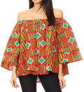 Sakkas Oni Women's Off the Shoulder African Ankara Wax Print Blouse Top Oversize#color_116-RedAztec