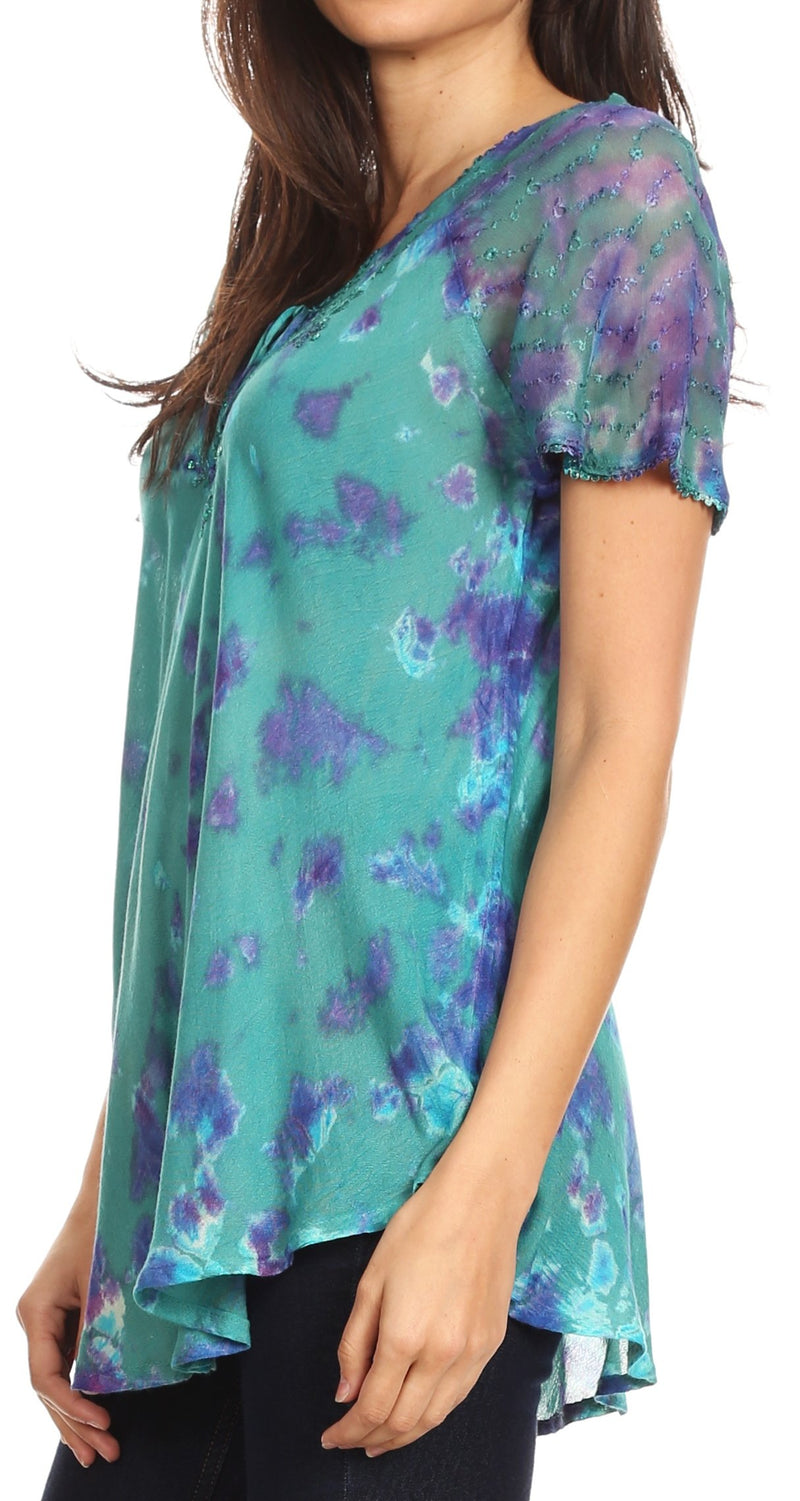 Sakkas Allegra Women's Short Sleeve Loose Fit Casual Tie Dye Blouse Tunic Shirt