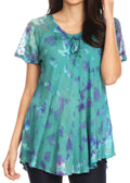 Sakkas Allegra Women's Short Sleeve Loose Fit Casual Tie Dye Blouse Tunic Shirt#color_19205-Green