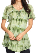 Sakkas Allegra Women's Short Sleeve Loose Fit Casual Tie Dye Blouse Tunic Shirt#color_19207-Green