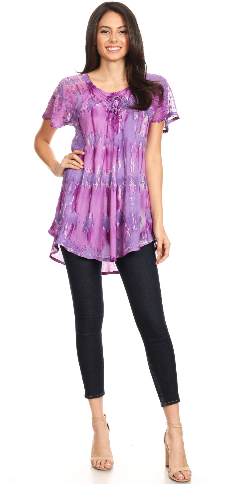 Sakkas Allegra Women's Short Sleeve Loose Fit Casual Tie Dye Blouse Tunic Shirt