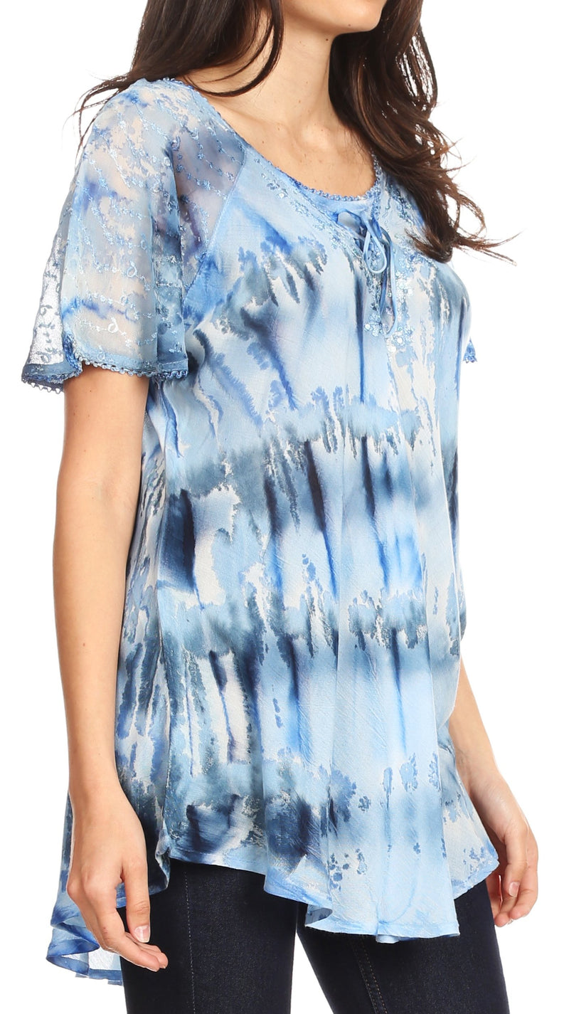 Sakkas Allegra Women's Short Sleeve Loose Fit Casual Tie Dye Blouse Tunic Shirt