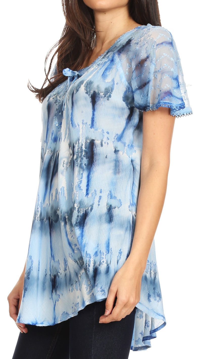 Sakkas Allegra Women's Short Sleeve Loose Fit Casual Tie Dye Blouse Tunic Shirt