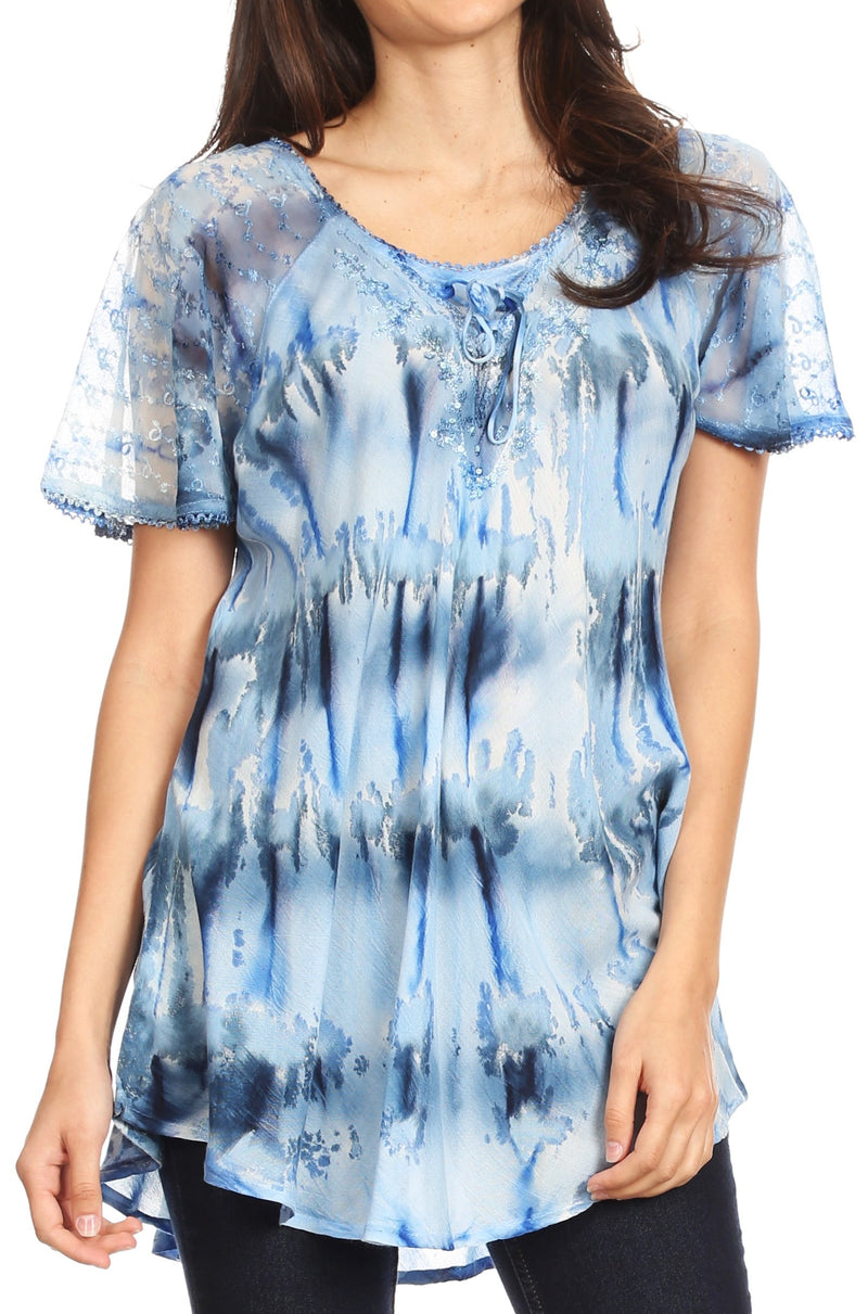 Sakkas Allegra Women's Short Sleeve Loose Fit Casual Tie Dye Blouse Tunic Shirt