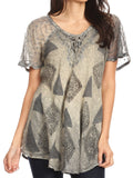 Sakkas Allegra Women's Short Sleeve Loose Fit Casual Tie Dye Blouse Tunic Shirt#color_19209-Grey