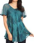 Sakkas Allegra Women's Short Sleeve Loose Fit Casual Tie Dye Blouse Tunic Shirt#color_19209-Turquoise