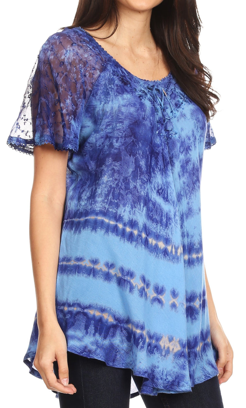 Sakkas Allegra Women's Short Sleeve Loose Fit Casual Tie Dye Blouse Tunic Shirt