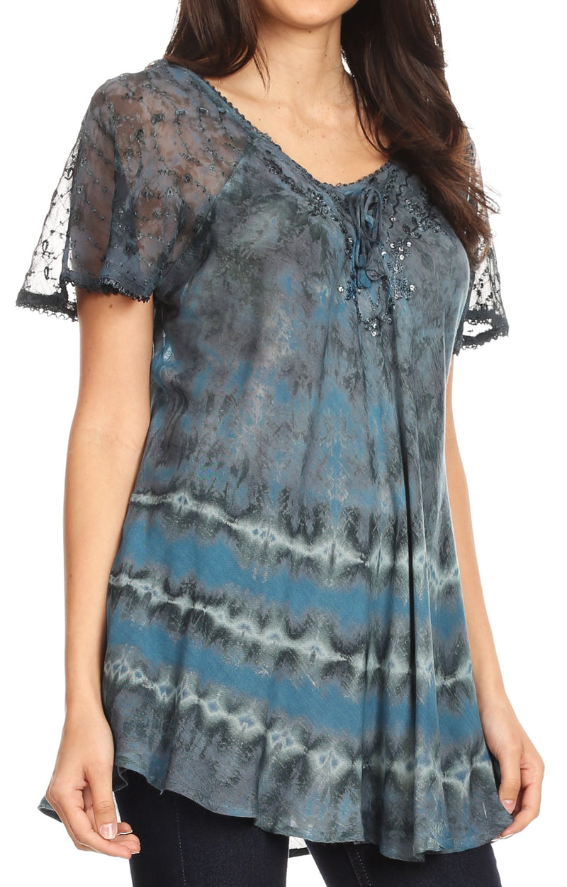 Sakkas Allegra Women's Short Sleeve Loose Fit Casual Tie Dye Blouse Tunic Shirt