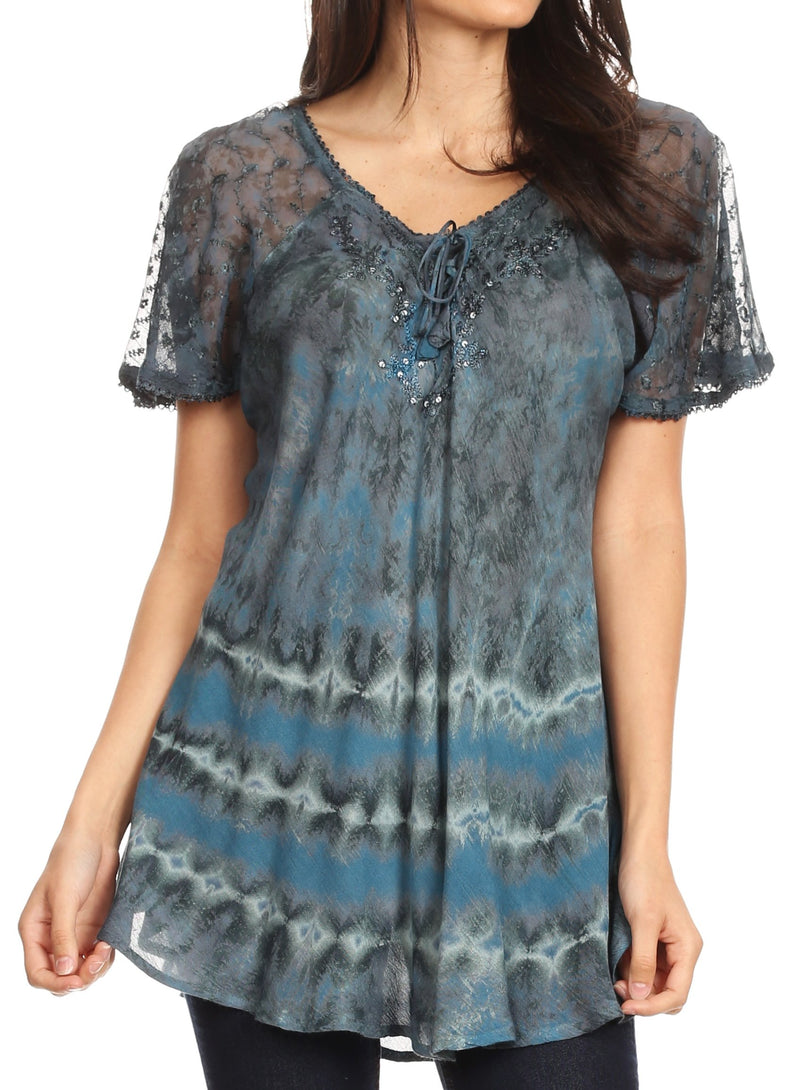 Sakkas Allegra Women's Short Sleeve Loose Fit Casual Tie Dye Blouse Tunic Shirt