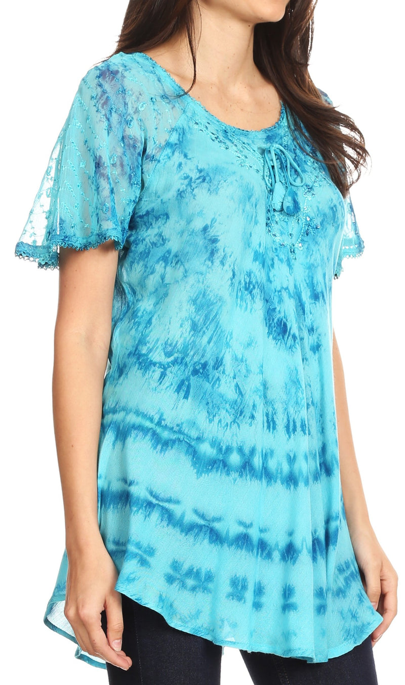 Sakkas Allegra Women's Short Sleeve Loose Fit Casual Tie Dye Blouse Tunic Shirt