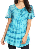 Sakkas Allegra Women's Short Sleeve Loose Fit Casual Tie Dye Blouse Tunic Shirt#color_19212-Turquoise