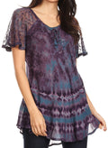 Sakkas Allegra Women's Short Sleeve Loose Fit Casual Tie Dye Blouse Tunic Shirt#color_19212-Violet