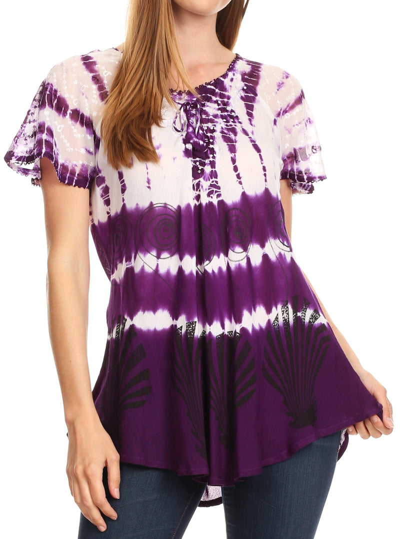 Sakkas Allegra Women's Short Sleeve Loose Fit Casual Tie Dye Blouse Tunic Shirt