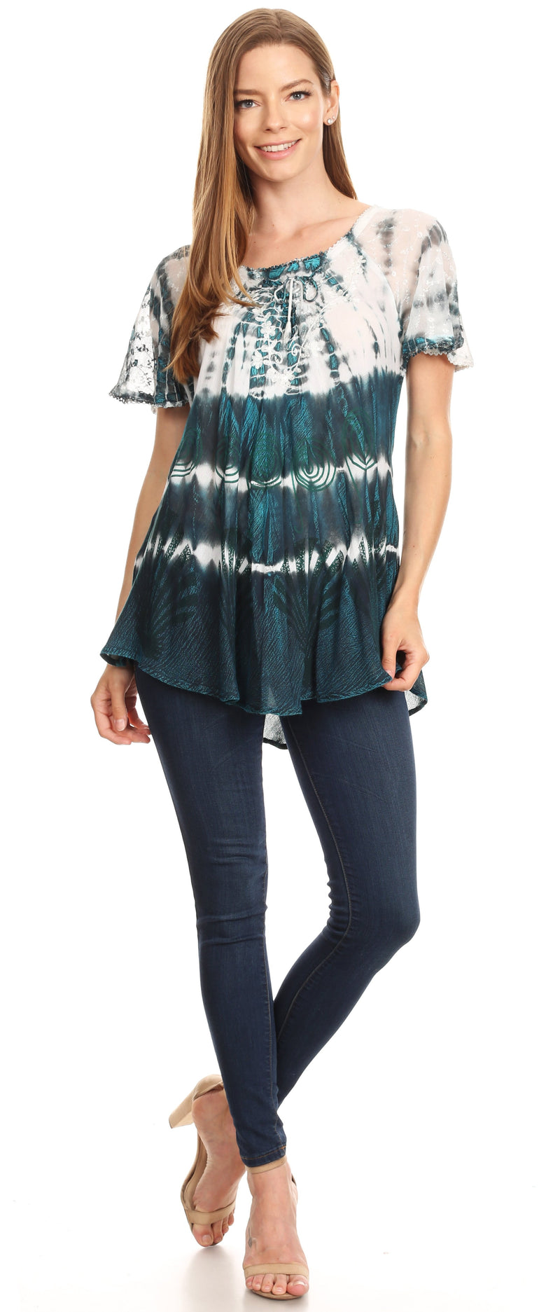 Sakkas Allegra Women's Short Sleeve Loose Fit Casual Tie Dye Blouse Tunic Shirt