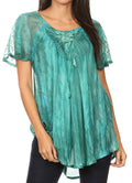 Sakkas Aline Women's Short Sleeve Casual Light Loose Scoop Neck Top Blouse Shirt #color_Green