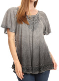 Sakkas Donna Women's Casual Lace Short Sleeve Tie Dye Corset Loose Top Blouse#color_19200-Grey