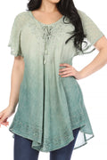 Sakkas Donna Women's Casual Lace Short Sleeve Tie Dye Corset Loose Top Blouse#color_19200-Green