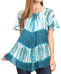 Sakkas Donna Women's Casual Lace Short Sleeve Tie Dye Corset Loose Top Blouse#color_19202-Turquoise