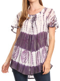 Sakkas Donna Women's Casual Lace Short Sleeve Tie Dye Corset Loose Top Blouse#color_19202-Violet