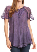Sakkas Donna Women's Casual Lace Short Sleeve Tie Dye Corset Loose Top Blouse#color_19203-Purple