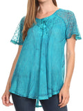 Sakkas Donna Women's Casual Lace Short Sleeve Tie Dye Corset Loose Top Blouse#color_19203-Turquoise