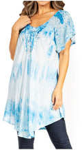 Sakkas Donna Women's Casual Lace Short Sleeve Tie Dye Corset Loose Top Blouse#color_19214-Turquoise