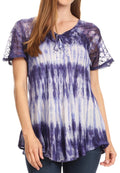 Sakkas Donna Women's Casual Lace Short Sleeve Tie Dye Corset Loose Top Blouse#color_19214-Violet