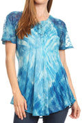 Sakkas Donna Women's Casual Lace Short Sleeve Tie Dye Corset Loose Top Blouse#color_Turquoise