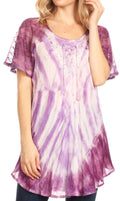 Sakkas Donna Women's Casual Lace Short Sleeve Tie Dye Corset Loose Top Blouse#color_Burgundy
