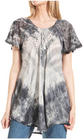 Sakkas Donna Women's Casual Lace Short Sleeve Tie Dye Corset Loose Top Blouse#color_Grey