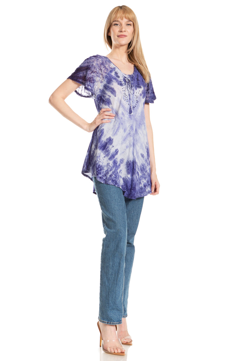 Sakkas Donna Women's Casual Lace Short Sleeve Tie Dye Corset Loose Top Blouse