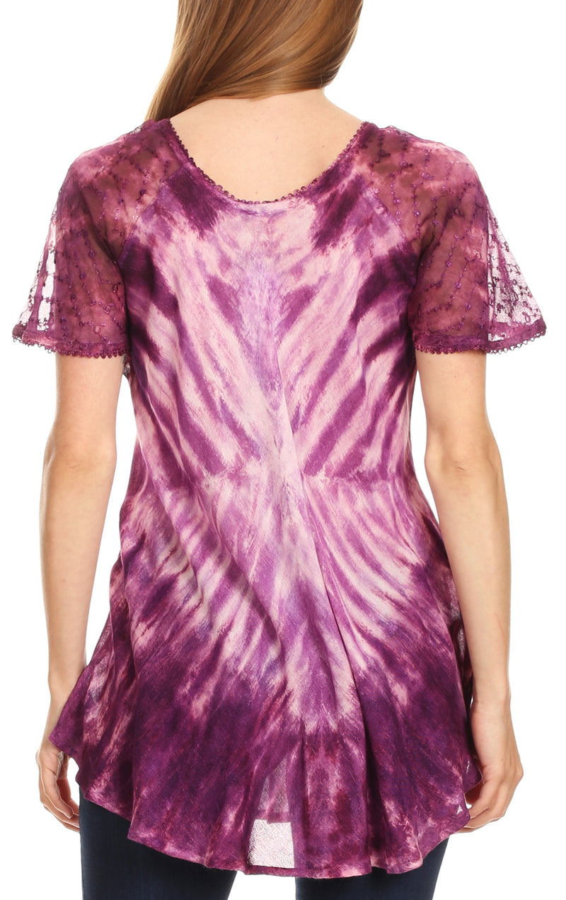 Sakkas Donna Women's Casual Lace Short Sleeve Tie Dye Corset Loose Top Blouse