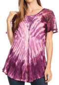 Sakkas Donna Women's Casual Lace Short Sleeve Tie Dye Corset Loose Top Blouse#color_Plum