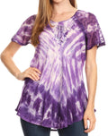 Sakkas Donna Women's Casual Lace Short Sleeve Tie Dye Corset Loose Top Blouse#color_Purple