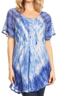 Sakkas Donna Women's Casual Lace Short Sleeve Tie Dye Corset Loose Top Blouse#color_RoyalBlue