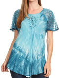 Sakkas Donna Women's Casual Lace Short Sleeve Tie Dye Corset Loose Top Blouse#color_Teal