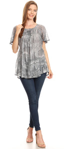Sakkas Marzia Women's Loose Fit Short Sleeve Casual Tie Dye Batik Blouse Top Tunic