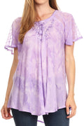 Sakkas Marzia Women's Loose Fit Short Sleeve Casual Tie Dye Batik Blouse Top Tunic#color_19204-Lavender