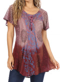 Sakkas Marzia Women's Loose Fit Short Sleeve Casual Tie Dye Batik Blouse Top Tunic#color_19208-Mauve