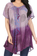 Sakkas Marzia Women's Loose Fit Short Sleeve Casual Tie Dye Batik Blouse Top Tunic#color_19208-Purple