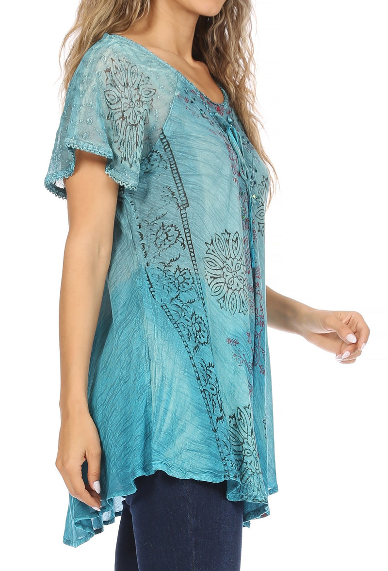 Sakkas Marzia Women's Loose Fit Short Sleeve Casual Tie Dye Batik Blouse Top Tunic