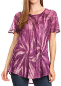 Sakkas Marzia Women's Loose Fit Short Sleeve Casual Tie Dye Batik Blouse Top Tunic#color_19211-Purple