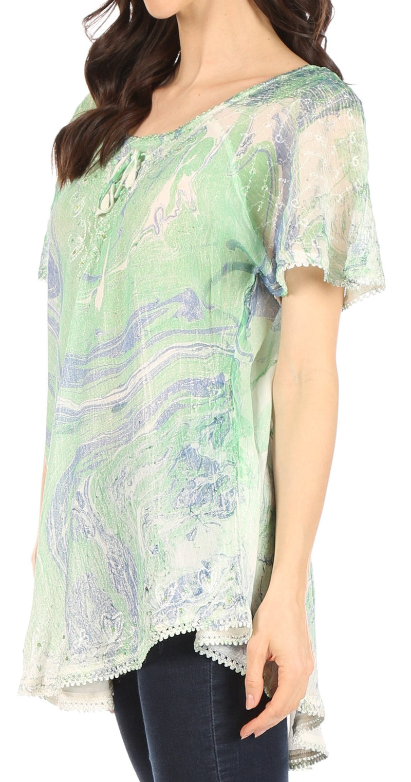 Sakkas Marzia Women's Loose Fit Short Sleeve Casual Tie Dye Batik Blouse Top Tunic