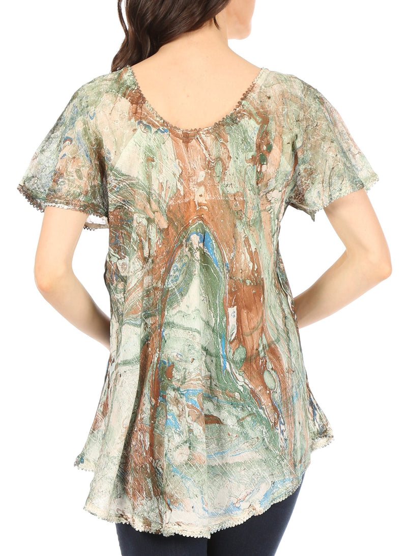 Sakkas Marzia Women's Loose Fit Short Sleeve Casual Tie Dye Batik Blouse Top Tunic