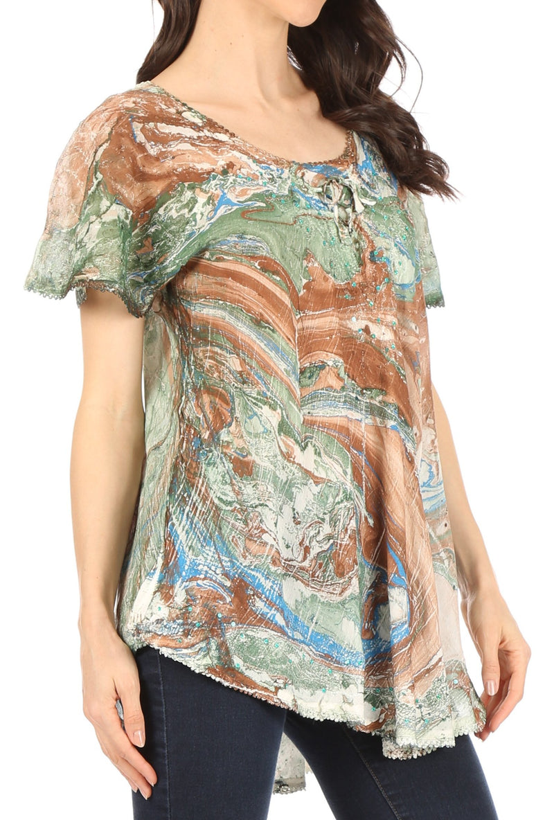 Sakkas Marzia Women's Loose Fit Short Sleeve Casual Tie Dye Batik Blouse Top Tunic