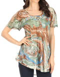 Sakkas Marzia Women's Loose Fit Short Sleeve Casual Tie Dye Batik Blouse Top Tunic#color_19701-Brown