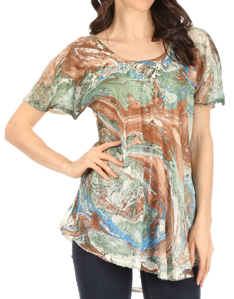 Sakkas Marzia Women's Loose Fit Short Sleeve Casual Tie Dye Batik Blouse Top Tunic