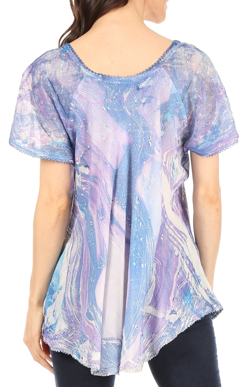 Sakkas Marzia Women's Loose Fit Short Sleeve Casual Tie Dye Batik Blouse Top Tunic