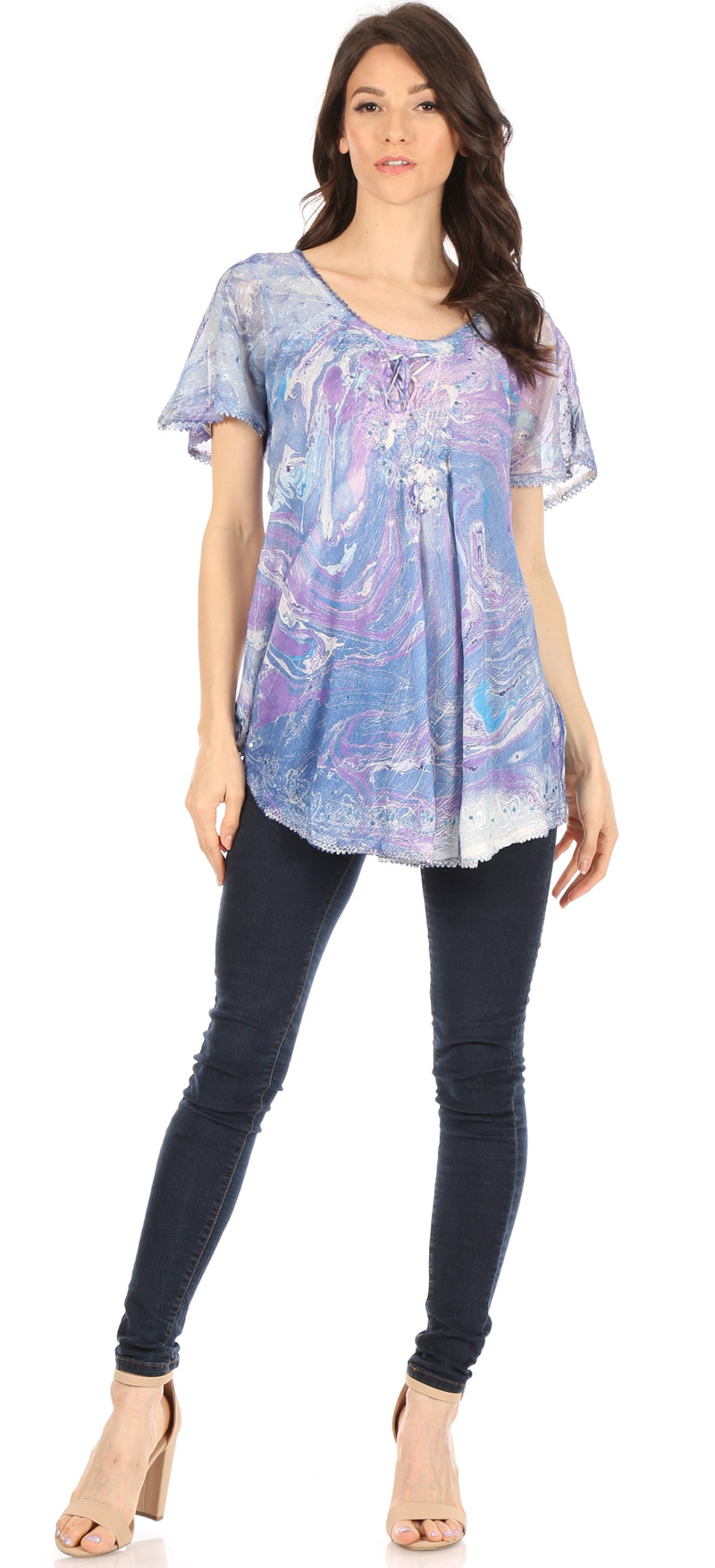 Sakkas Marzia Women's Loose Fit Short Sleeve Casual Tie Dye Batik Blouse Top Tunic