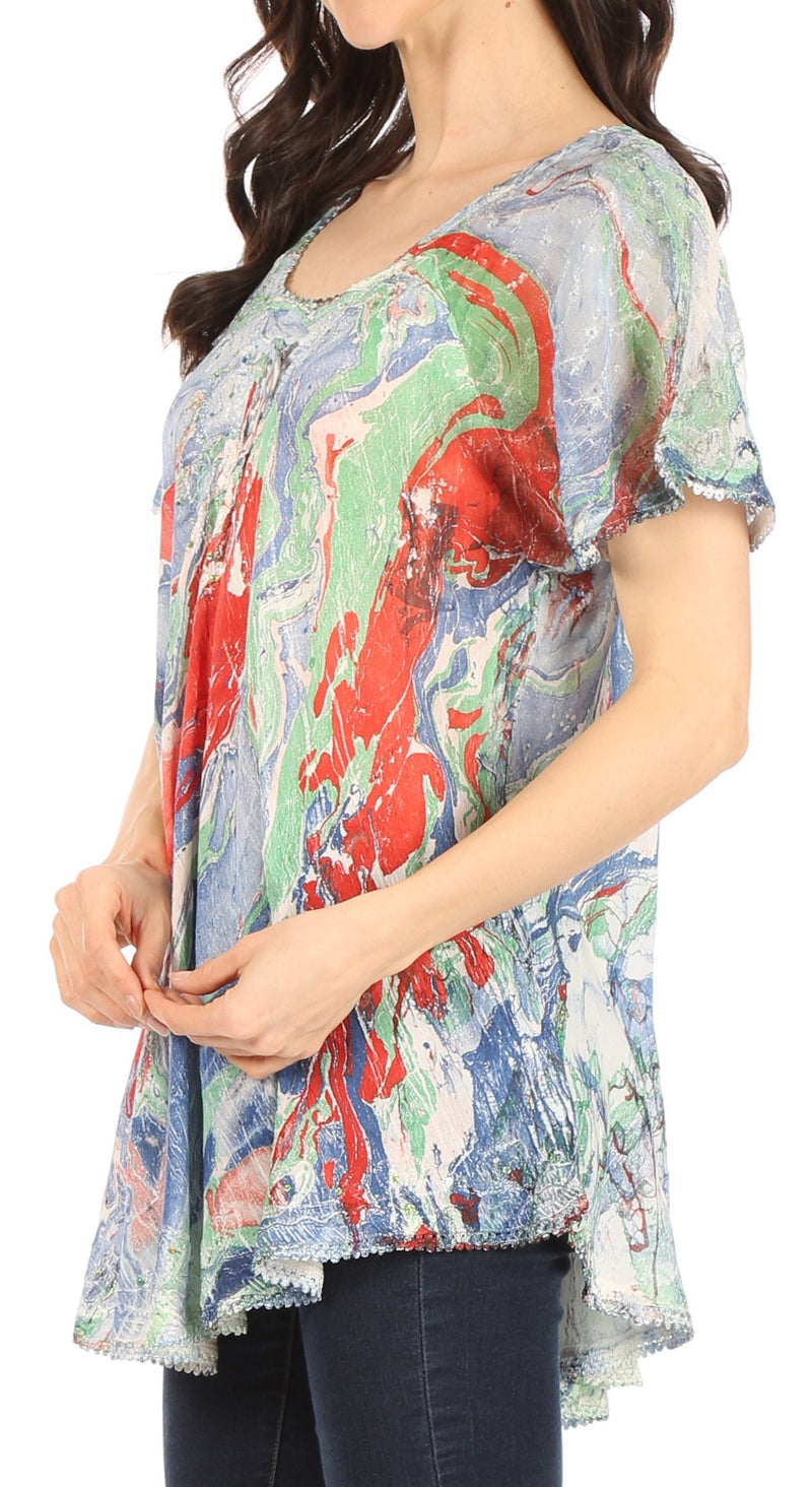 Sakkas Marzia Women's Loose Fit Short Sleeve Casual Tie Dye Batik Blouse Top Tunic